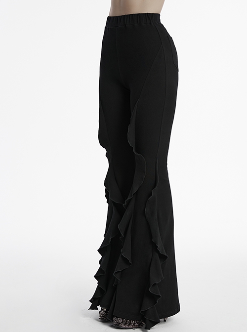 Retro Elegant Black Ruffled Fishtail Hem Daily Versatile Slim Fit  Gothic Style Flared Pants