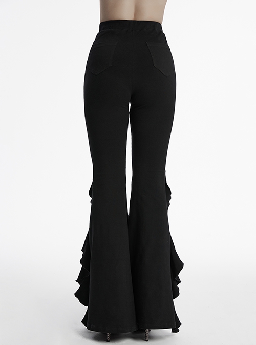 Retro Elegant Black Ruffled Fishtail Hem Daily Versatile Slim Fit  Gothic Style Flared Pants