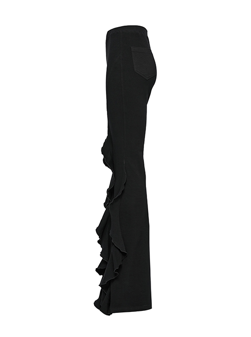 Retro Elegant Black Ruffled Fishtail Hem Daily Versatile Slim Fit  Gothic Style Flared Pants