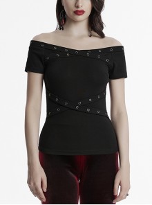 Daily Versatile Black Sexy One Shoulder Unique Cross Strap Decoration Gothic Short Sleeves T Shirt