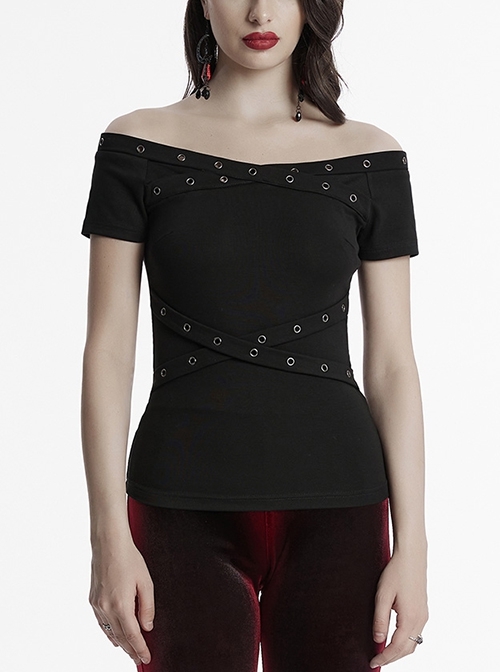 Daily Versatile Black Sexy One Shoulder Unique Cross Strap Decoration Gothic Short Sleeves T Shirt