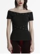 Daily Versatile Black Sexy One Shoulder Unique Cross Strap Decoration Gothic Short Sleeves T Shirt