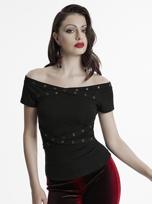 Daily Versatile Black Sexy One Shoulder Unique Cross Strap Decoration Gothic Short Sleeves T Shirt
