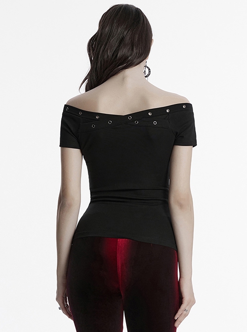 Daily Versatile Black Sexy One Shoulder Unique Cross Strap Decoration Gothic Short Sleeves T Shirt