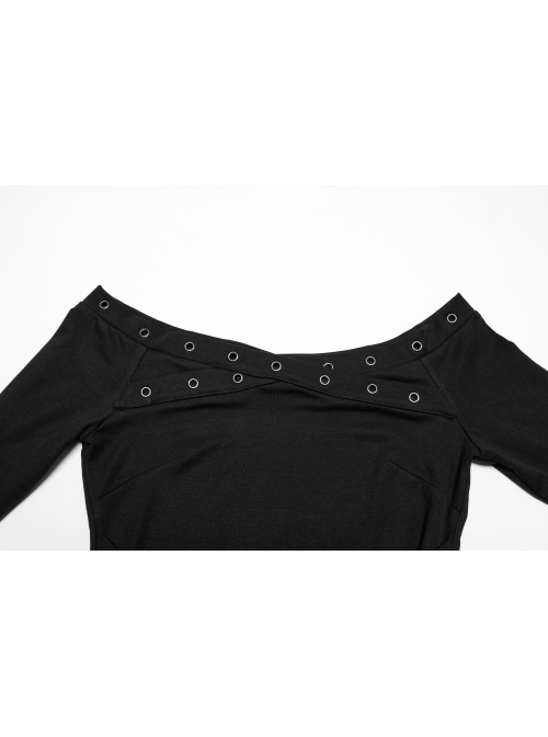 Daily Versatile Black Sexy One Shoulder Unique Cross Strap Decoration Gothic Short Sleeves T Shirt