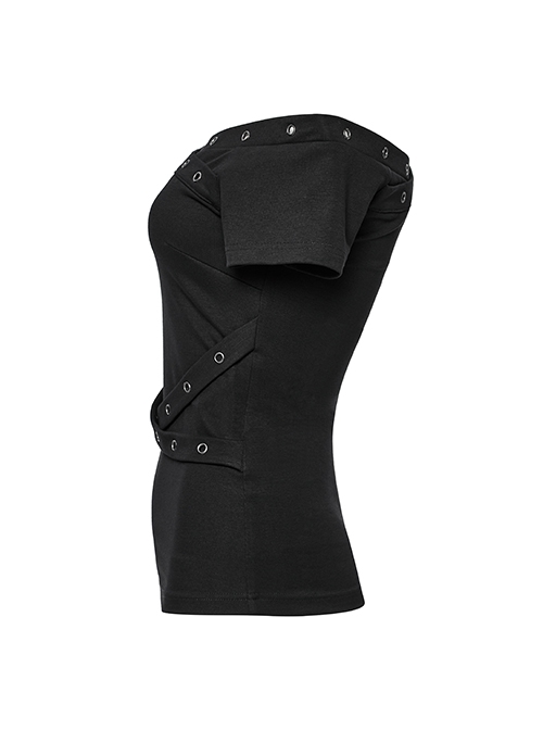Daily Versatile Black Sexy One Shoulder Unique Cross Strap Decoration Gothic Short Sleeves T Shirt