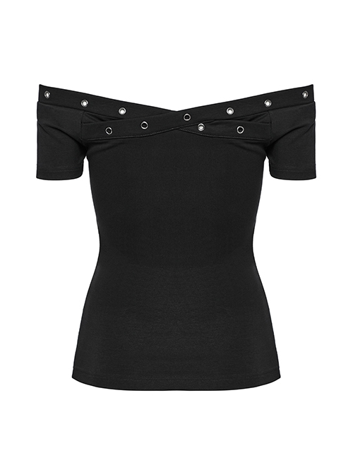 Daily Versatile Black Sexy One Shoulder Unique Cross Strap Decoration Gothic Short Sleeves T Shirt