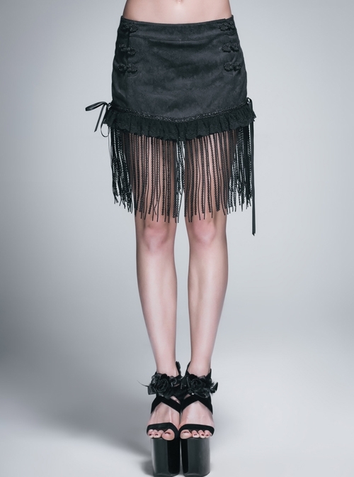 Lace Tassel Hem Back Waist Lace-Up Black Jacquard Gothic Short Skirt
