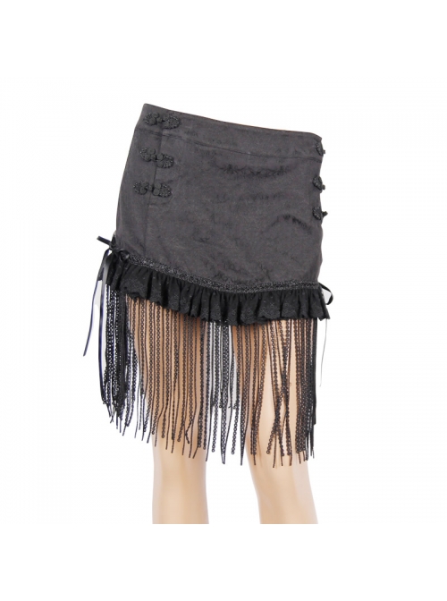 Lace Tassel Hem Back Waist Lace-Up Black Jacquard Gothic Short Skirt