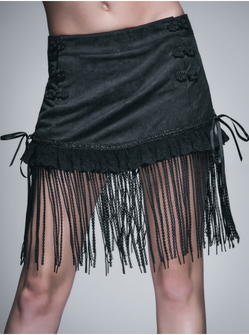 Lace Tassel Hem Back Waist Lace-Up Black Jacquard Gothic Short Skirt