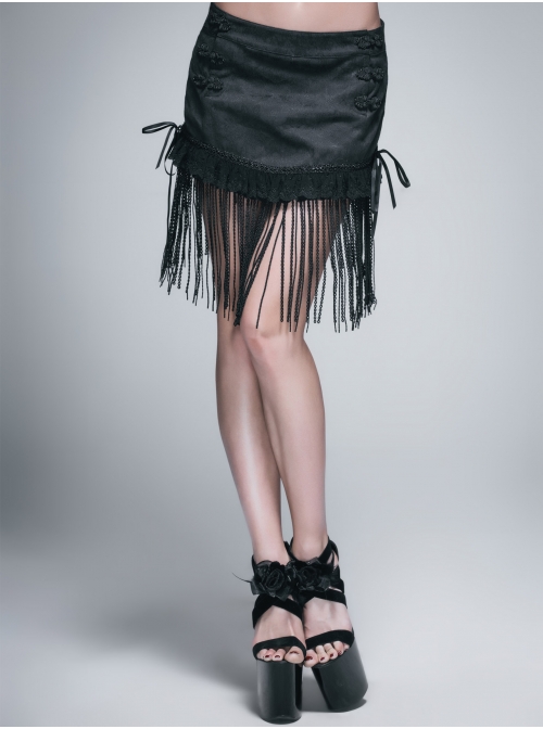 Lace Tassel Hem Back Waist Lace-Up Black Jacquard Gothic Short Skirt
