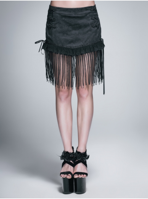 Lace Tassel Hem Back Waist Lace-Up Black Jacquard Gothic Short Skirt