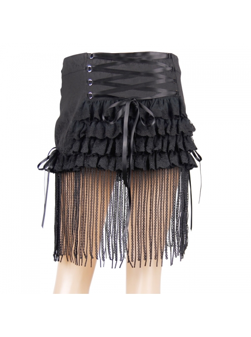 Lace Tassel Hem Back Waist Lace-Up Black Jacquard Gothic Short Skirt