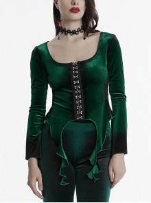 Elegant Green Gradient Print Sexy Square Neck Design Personality Hem Gothic Long Sleeves T Shirt