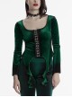 Elegant Green Gradient Print Sexy Square Neck Design Personality Hem Gothic Long Sleeves T Shirt