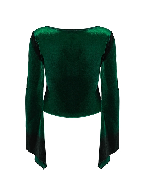 Elegant Green Gradient Print Sexy Square Neck Design Personality Hem Gothic Long Sleeves T Shirt