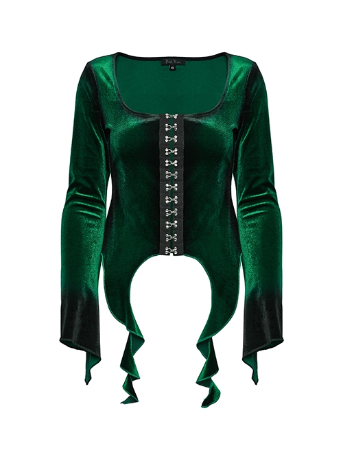 Elegant Green Gradient Print Sexy Square Neck Design Personality Hem Gothic Long Sleeves T Shirt