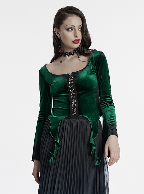 Elegant Green Gradient Print Sexy Square Neck Design Personality Hem Gothic Long Sleeves T Shirt