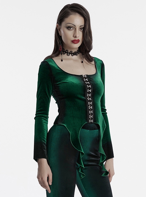 Elegant Green Gradient Print Sexy Square Neck Design Personality Hem Gothic Long Sleeves T Shirt