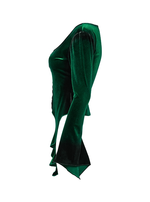 Elegant Green Gradient Print Sexy Square Neck Design Personality Hem Gothic Long Sleeves T Shirt