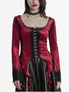 Elegant Red Gradient Print Luxury Velvet Personality Hem Gothic Style Long Sleeves T Shirt