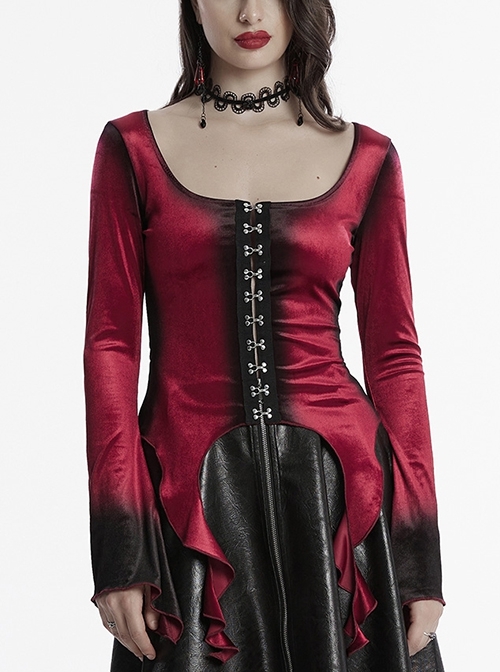 Elegant Red Gradient Print Luxury Velvet Personality Hem Gothic Style Long Sleeves T Shirt