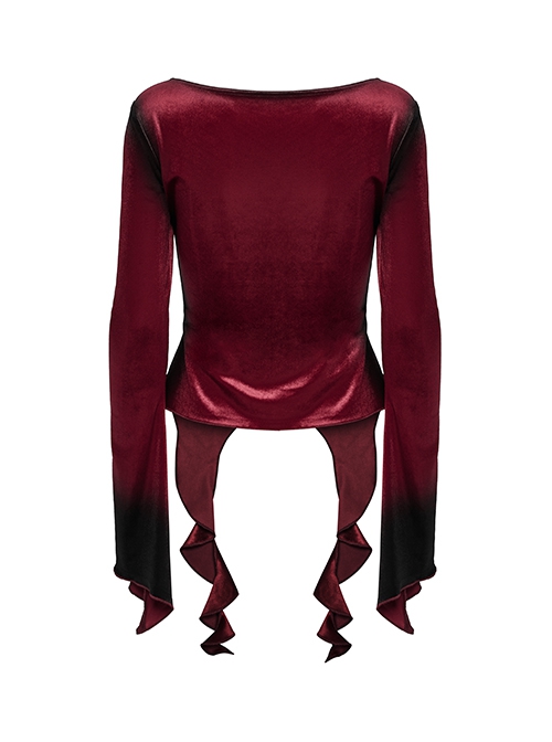Elegant Red Gradient Print Luxury Velvet Personality Hem Gothic Style Long Sleeves T Shirt