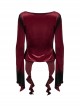 Elegant Red Gradient Print Luxury Velvet Personality Hem Gothic Style Long Sleeves T Shirt