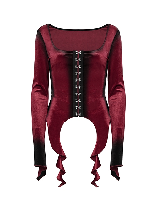 Elegant Red Gradient Print Luxury Velvet Personality Hem Gothic Style Long Sleeves T Shirt