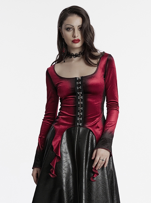 Elegant Red Gradient Print Luxury Velvet Personality Hem Gothic Style Long Sleeves T Shirt