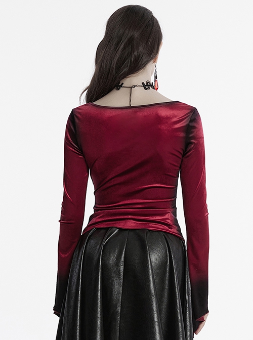 Elegant Red Gradient Print Luxury Velvet Personality Hem Gothic Style Long Sleeves T Shirt