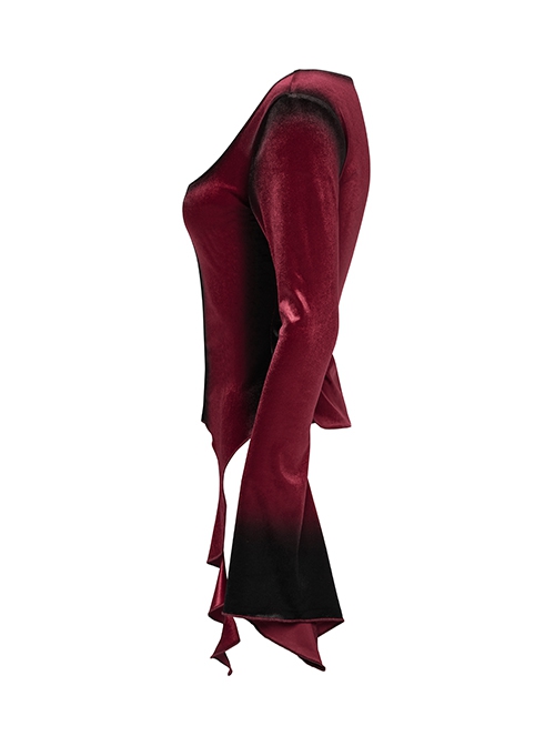 Elegant Red Gradient Print Luxury Velvet Personality Hem Gothic Style Long Sleeves T Shirt