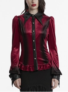 Vintage Red Velvet Gradient Print Unique Bat Collar Luxurious Velvet Ruffle Hem Gothic Style Long Sleeves Shirt