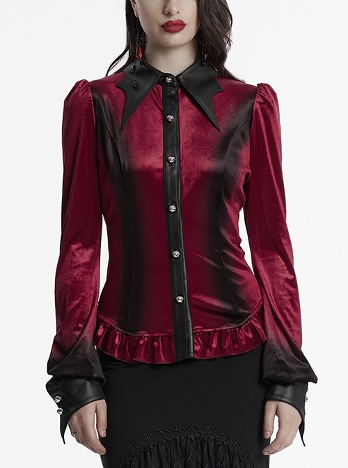 Vintage Red Velvet Gradient Print Unique Bat Collar Luxurious Velvet Ruffle Hem Gothic Style Long Sleeves Shirt