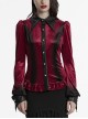 Vintage Red Velvet Gradient Print Unique Bat Collar Luxurious Velvet Ruffle Hem Gothic Style Long Sleeves Shirt