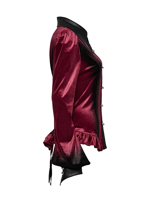 Vintage Red Velvet Gradient Print Unique Bat Collar Luxurious Velvet Ruffle Hem Gothic Style Long Sleeves Shirt