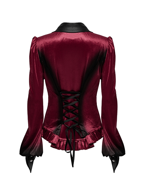Vintage Red Velvet Gradient Print Unique Bat Collar Luxurious Velvet Ruffle Hem Gothic Style Long Sleeves Shirt