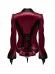 Vintage Red Velvet Gradient Print Unique Bat Collar Luxurious Velvet Ruffle Hem Gothic Style Long Sleeves Shirt