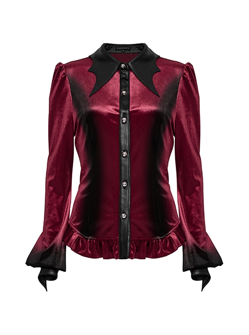 Vintage Red Velvet Gradient Print Unique Bat Collar Luxurious Velvet Ruffle Hem Gothic Style Long Sleeves Shirt