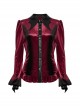 Vintage Red Velvet Gradient Print Unique Bat Collar Luxurious Velvet Ruffle Hem Gothic Style Long Sleeves Shirt