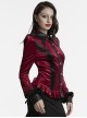 Vintage Red Velvet Gradient Print Unique Bat Collar Luxurious Velvet Ruffle Hem Gothic Style Long Sleeves Shirt