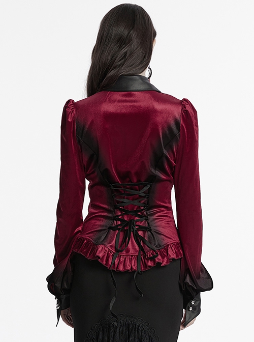 Vintage Red Velvet Gradient Print Unique Bat Collar Luxurious Velvet Ruffle Hem Gothic Style Long Sleeves Shirt
