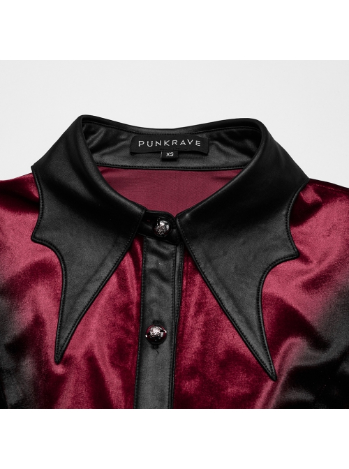 Vintage Red Velvet Gradient Print Unique Bat Collar Luxurious Velvet Ruffle Hem Gothic Style Long Sleeves Shirt