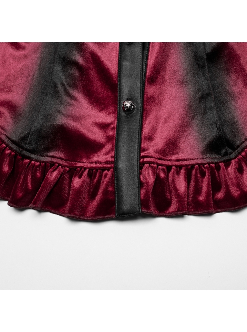 Vintage Red Velvet Gradient Print Unique Bat Collar Luxurious Velvet Ruffle Hem Gothic Style Long Sleeves Shirt