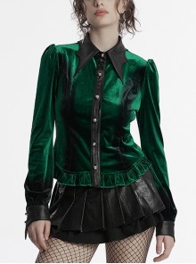 Retro Elegant Green Gradient Print Unique Bat Collar Ruffle Design Gothic Style Long Sleeves Shirt