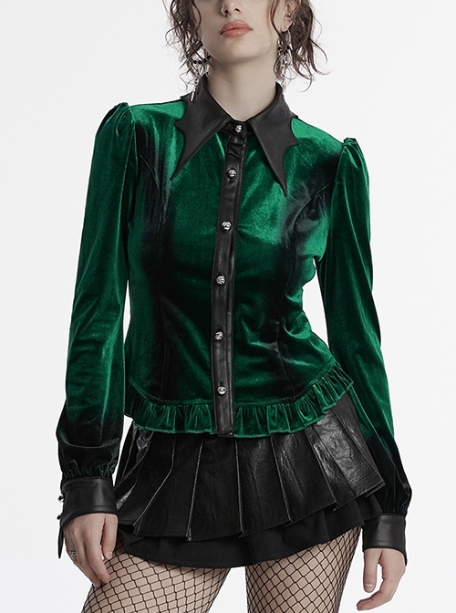 Retro Elegant Green Gradient Print Unique Bat Collar Ruffle Design Gothic Style Long Sleeves Shirt