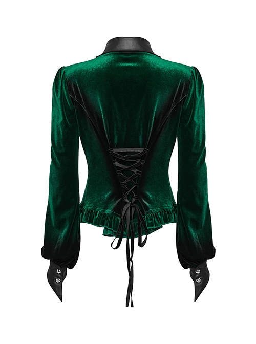 Retro Elegant Green Gradient Print Unique Bat Collar Ruffle Design Gothic Style Long Sleeves Shirt