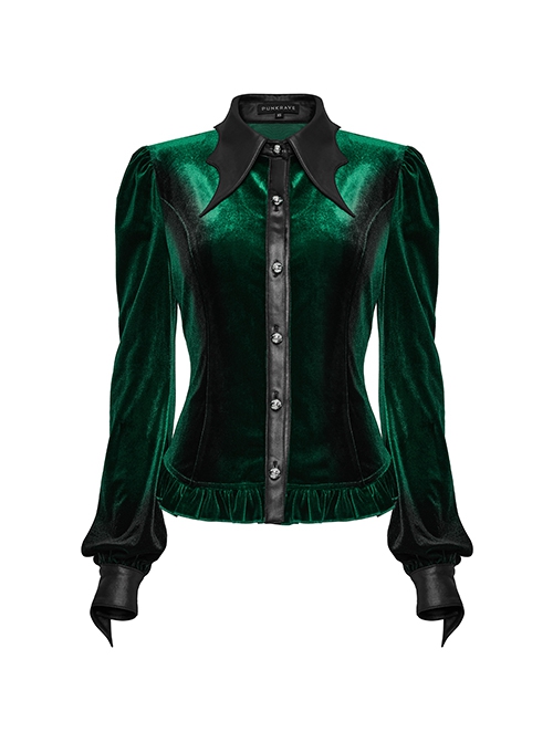 Retro Elegant Green Gradient Print Unique Bat Collar Ruffle Design Gothic Style Long Sleeves Shirt
