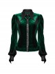 Retro Elegant Green Gradient Print Unique Bat Collar Ruffle Design Gothic Style Long Sleeves Shirt