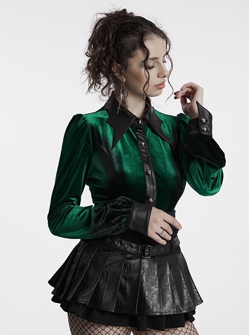 Retro Elegant Green Gradient Print Unique Bat Collar Ruffle Design Gothic Style Long Sleeves Shirt